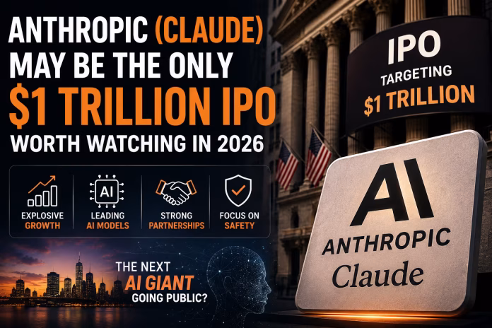 Anthropic (Claude) May Be the Only $1 Trillion IPO Anthropic Claude AI IPO illustration showing the company targeting a $1 trillion valuation ahead of its highly anticipated 2026 public offering.