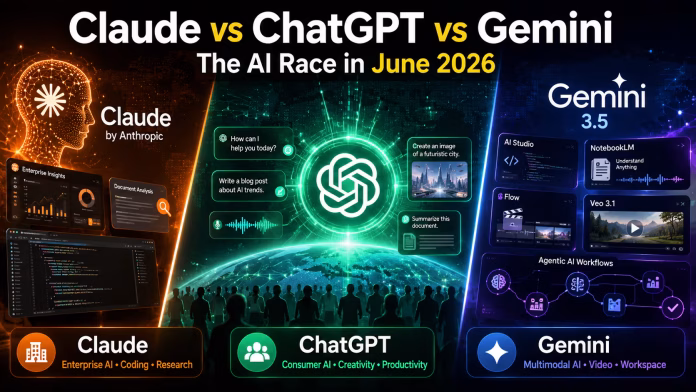 Claude vs ChatGPT vs Gemini: The AI Race in June 2026 Claude AI, ChatGPT, and Google Gemini comparison showing enterprise AI, coding, productivity, multimodal intelligence, and video generation capabilities in 2026.